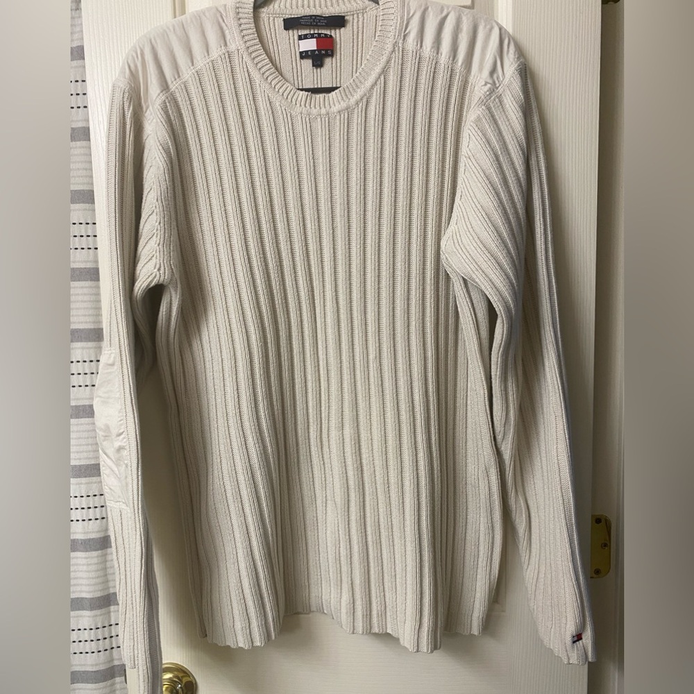 Tommy Jeans Hilfiger Cream Crewneck Sweater With Elbow Patches Size Large